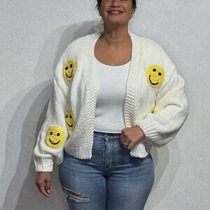 Luna Ivy White Smiley Face Chunky Knit Open Cardigan Sz M
